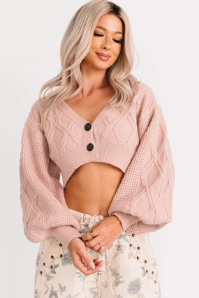 True Escapism Cropped Cable Knit Cardigan (Pink) anti static coating Compact Stitching
