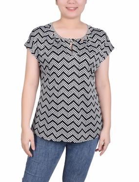 Contrast Topstitching Detail Elasticized Waistband Extended Sleeve Top With Grommets