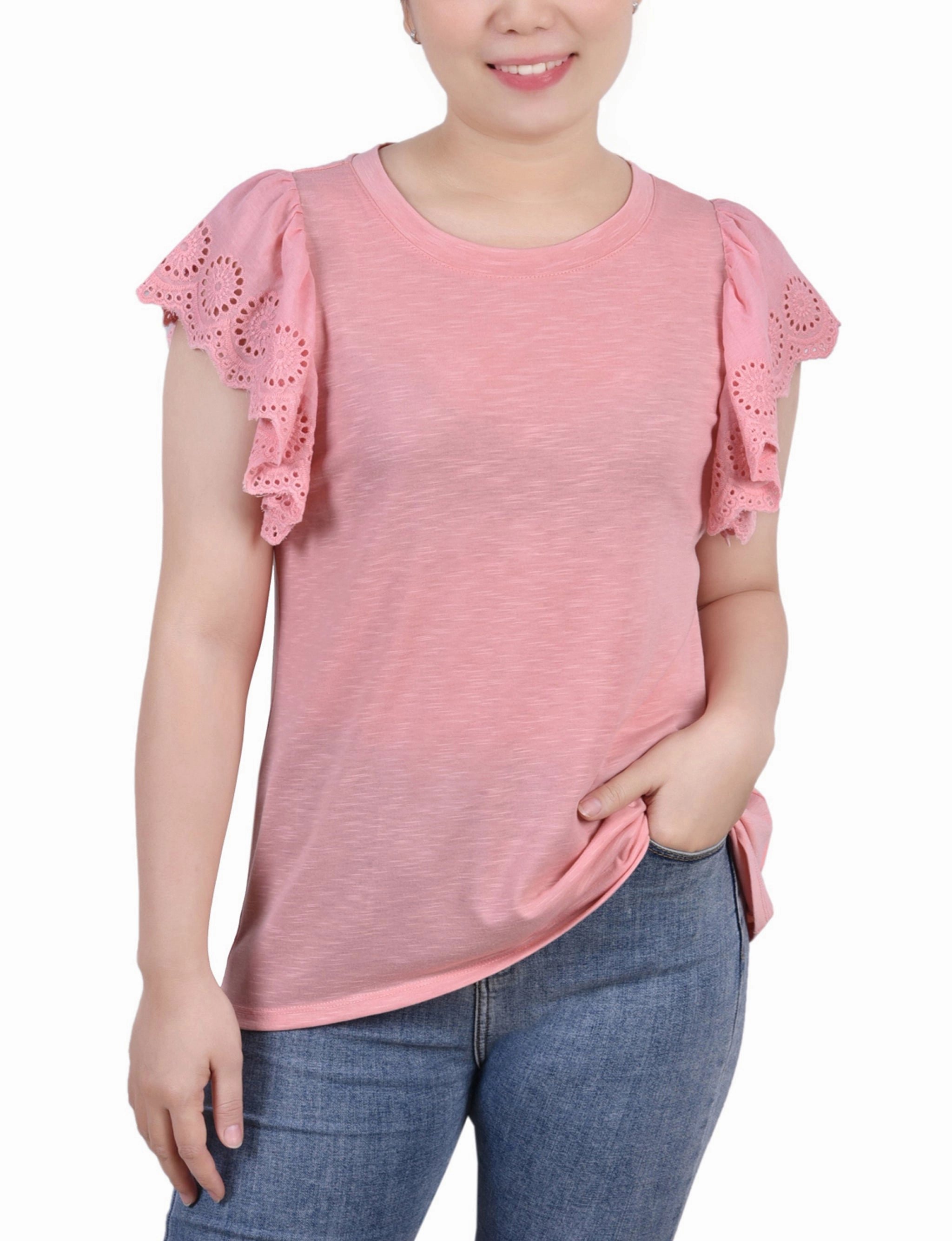 Flutter Sleeve Slub Knit Top LightweightMaterial Layered Collar