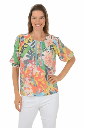 Painted Garden Crochet Yoke Button Blouse Non Slip Shoulder Seams