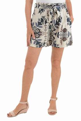 Compression Support Layer Odor Resistant Finish Blue Exotic Patterned Linen Belted Short