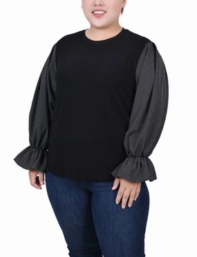 Plus Size Long Sleeve Top With Printed Sleeves Ventilated Back Panels Relaxed Silhouette