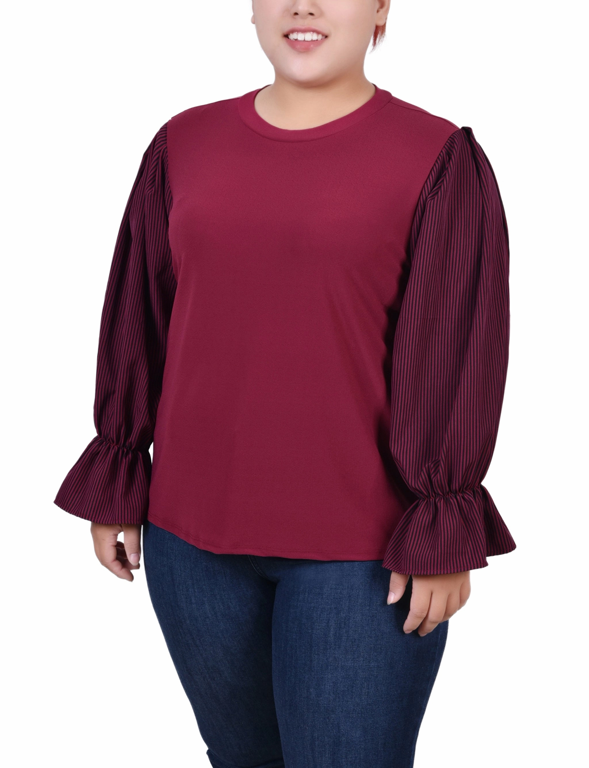 Plus Size Long Sleeve Top With Printed Sleeves Casual Blouse Relaxed Crew Neck Opening