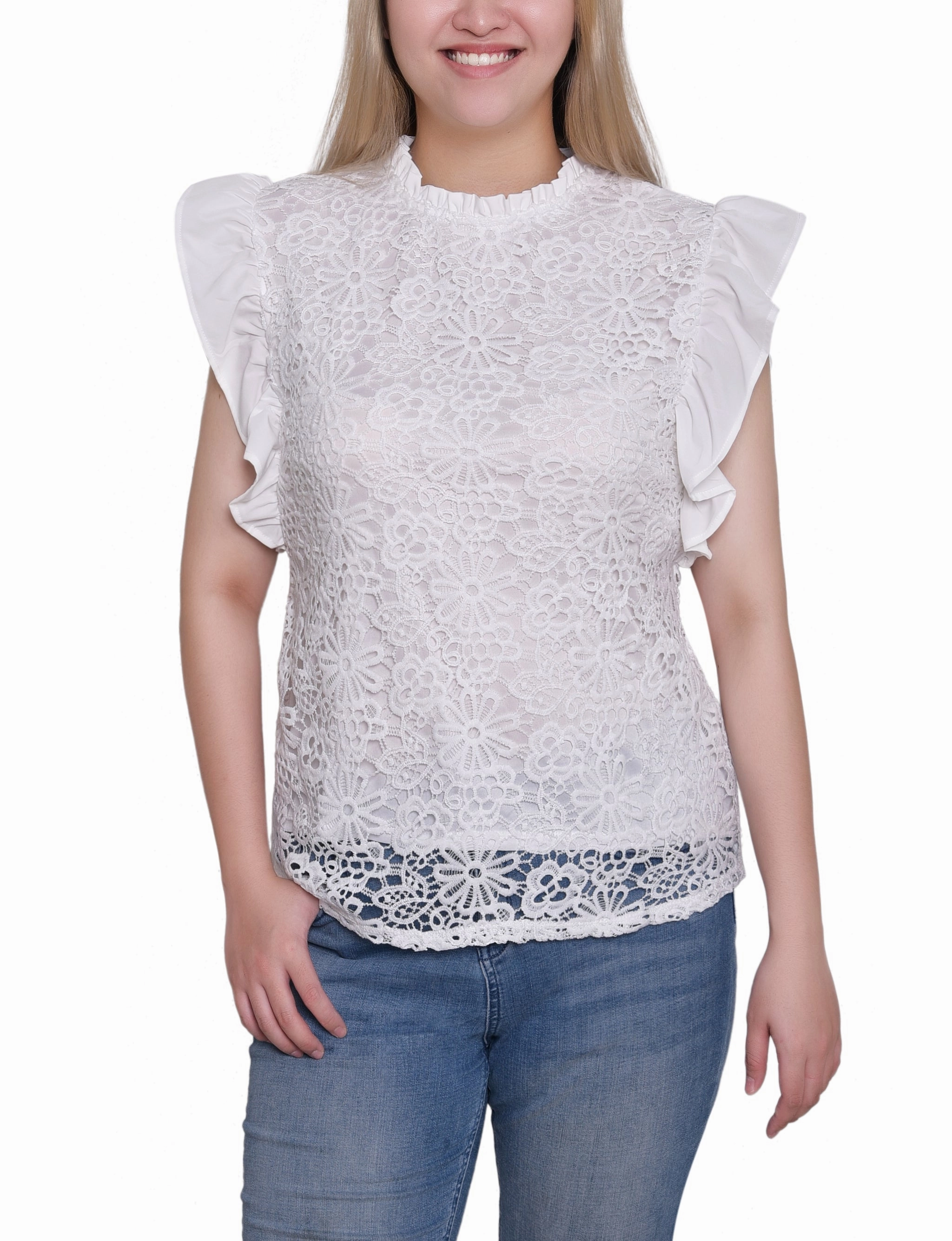 WrinkleResistant Cloth Reinforced Elbow Patches Petite Flutter Sleeve Lace Top