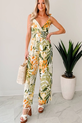 Flirt With Life Smocked Tropical Jumpsuit (Ivory/Green) StaticResistantFabric WrinkleFree Weaving