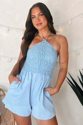 Layered Panel Design Flirty Beginnings Crochet Halter Romper (Light Blue)