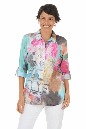 Durable Reinforced Shoulders Durable Reinforced Elbow Patches Floating Flowers Roll-Tab Knit Shirt