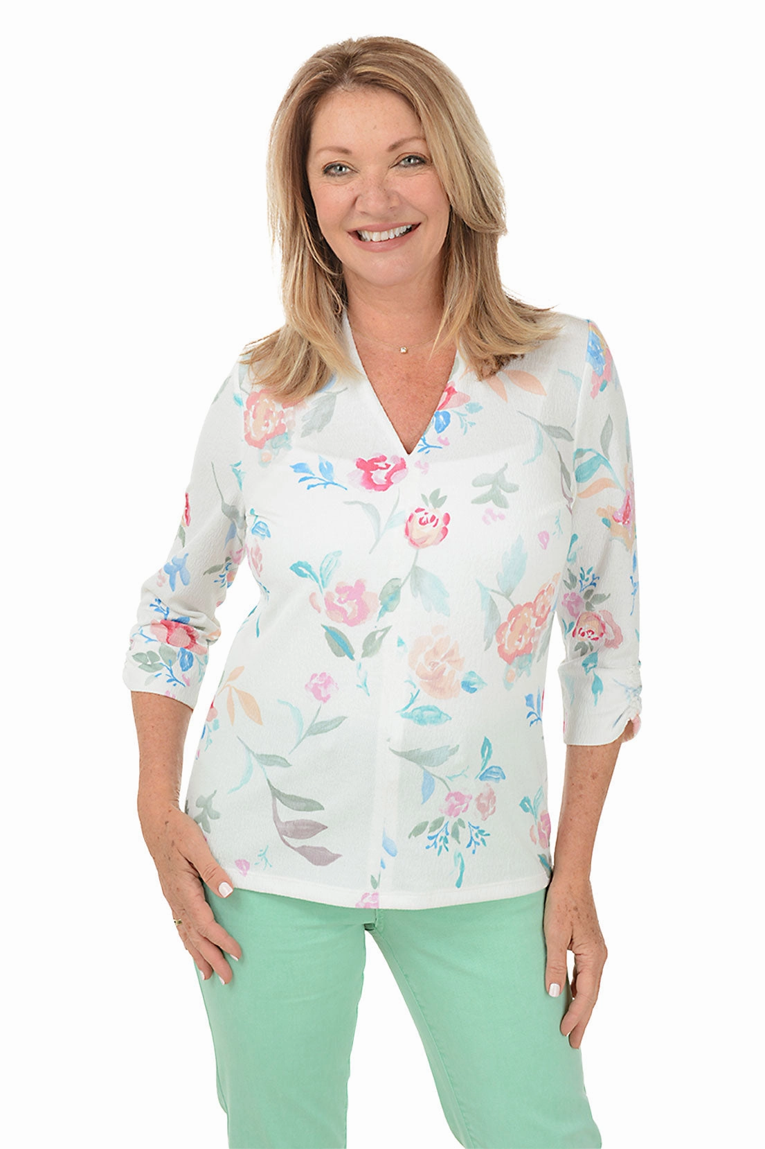 Textured Fabric Finish Lightweight Layering Option Floating Flowers Ruched 3/4 Sleeve Top