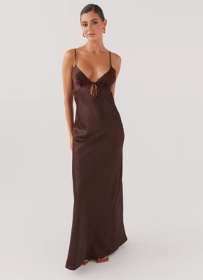 Family Warm Casual Tones Flora Satin Maxi Dress - Chocolate