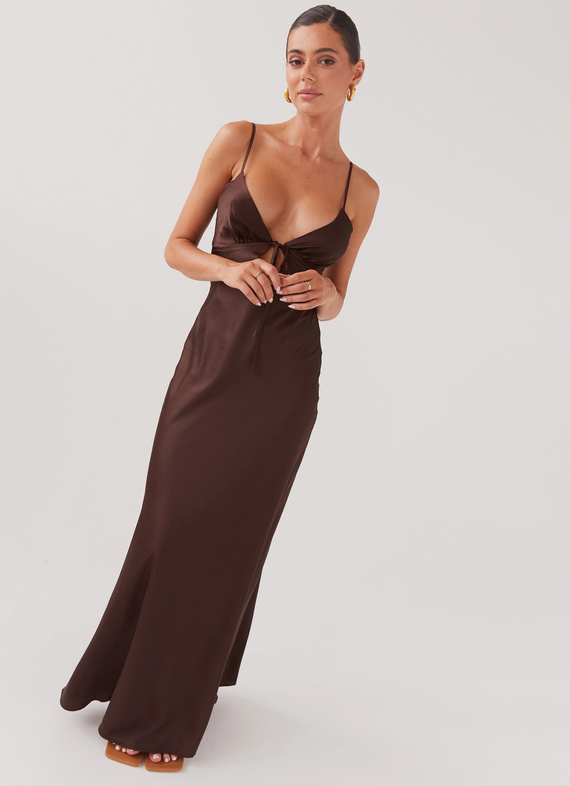 Flora Satin Maxi Dress - Chocolate Travel piece Texture Flow