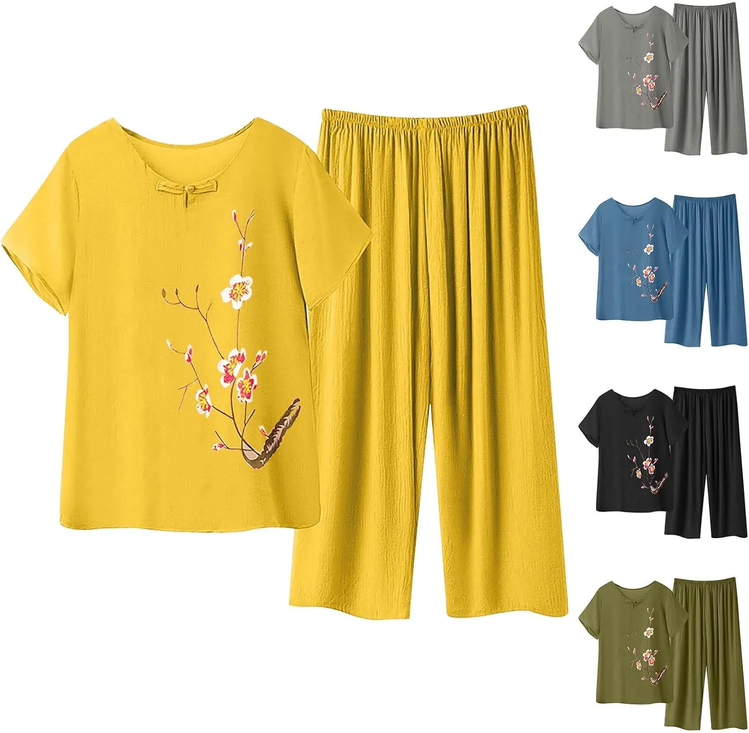 Floral Embroidery Cotton Linen Summer Pajama Sets for Women Comfy Capris Sleepwear Short Sleeve Loose Loungewear Set