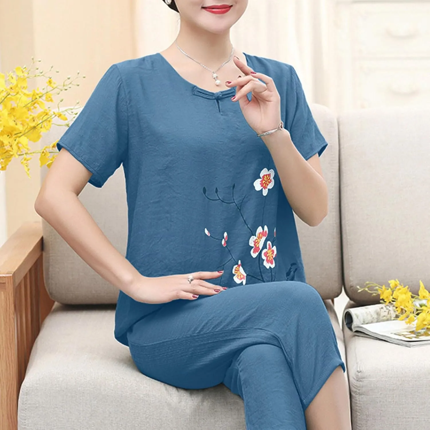 Floral Embroidery Cotton Linen Summer Pajama Sets for Women Comfy Capris Sleepwear Short Sleeve Loose Loungewear Set