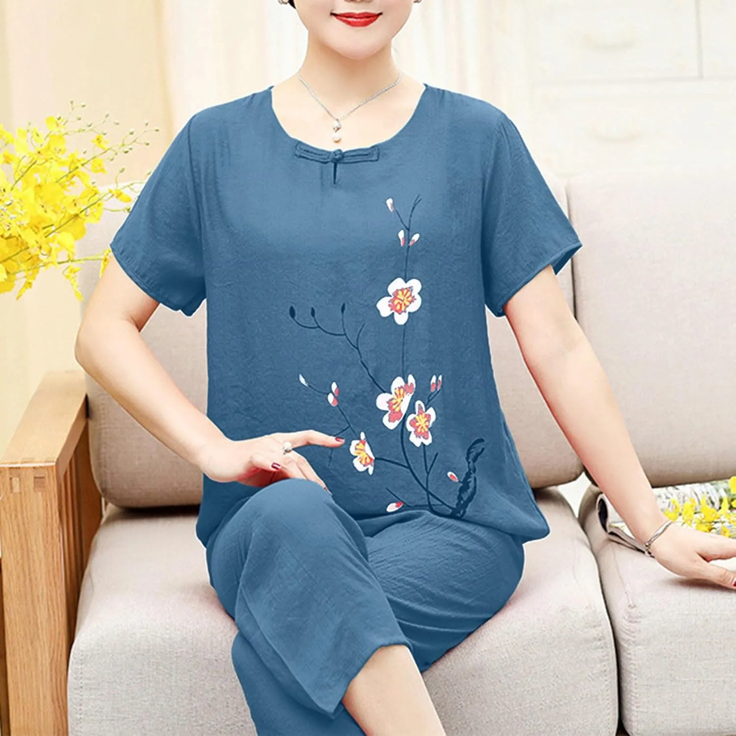 Floral Embroidery Cotton Linen Summer Pajama Sets for Women Comfy Capris Sleepwear Short Sleeve Loose Loungewear Set