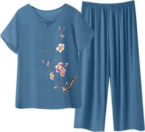 Floral Embroidery Cotton Linen Summer Pajama Sets for Women Comfy Capris Sleepwear Short Sleeve Loose Loungewear Set