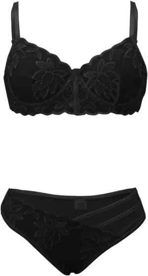 Floral Lace Bra and Panty Set for Women Mesh Sheer Sexy Lingerie Cut out Backless Suits Speghetti Strap Sleepwear Black