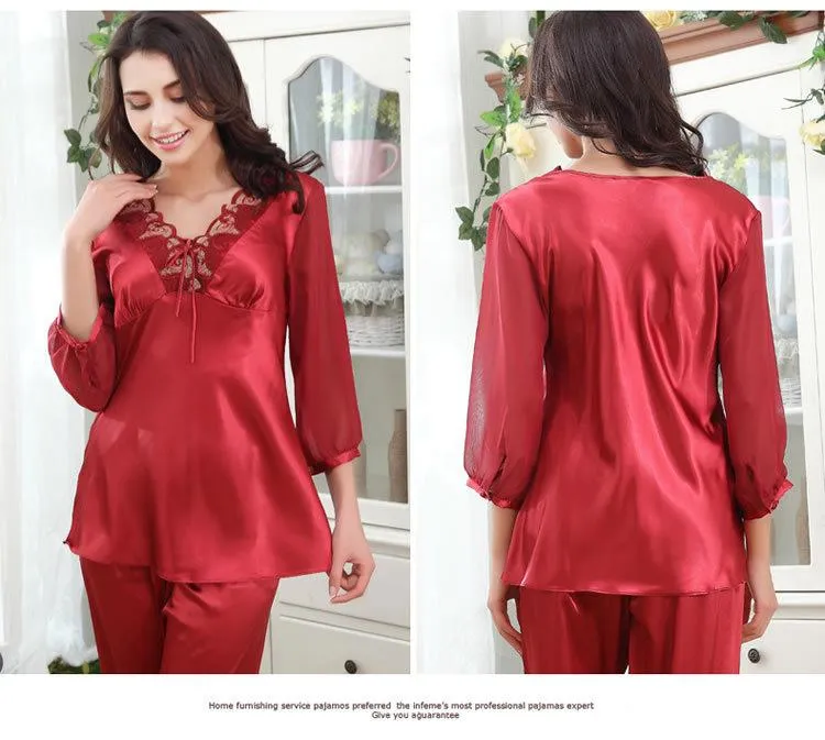 Floral Lace Trim Satin Women Pajama Set