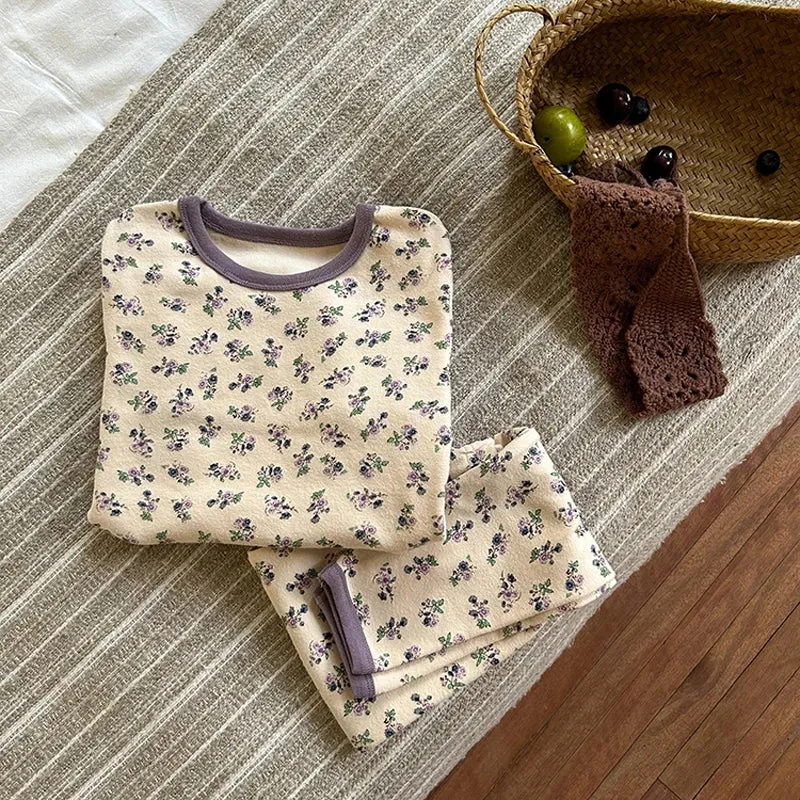 Floral Print Long Sleeves Warm Little Boys/Girls Winter Pajamas Set