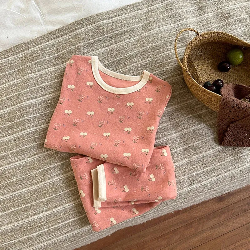Floral Print Long Sleeves Warm Little Boys/Girls Winter Pajamas Set