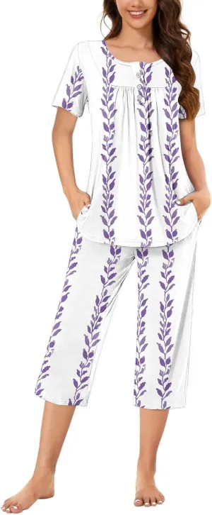 Floral Print Two Piece Pajamas Sets for Women Short Sleeve Button Crew Neck Pleated Top Straight Lounge Home Capris