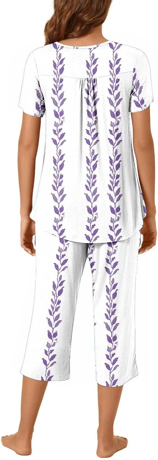 Floral Print Two Piece Pajamas Sets for Women Short Sleeve Button Crew Neck Pleated Top Straight Lounge Home Capris
