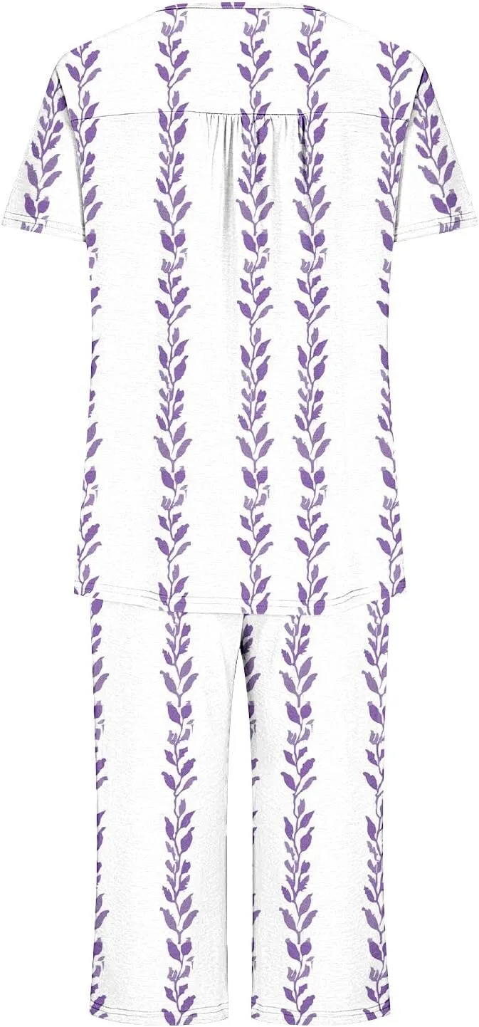 Floral Print Two Piece Pajamas Sets for Women Short Sleeve Button Crew Neck Pleated Top Straight Lounge Home Capris