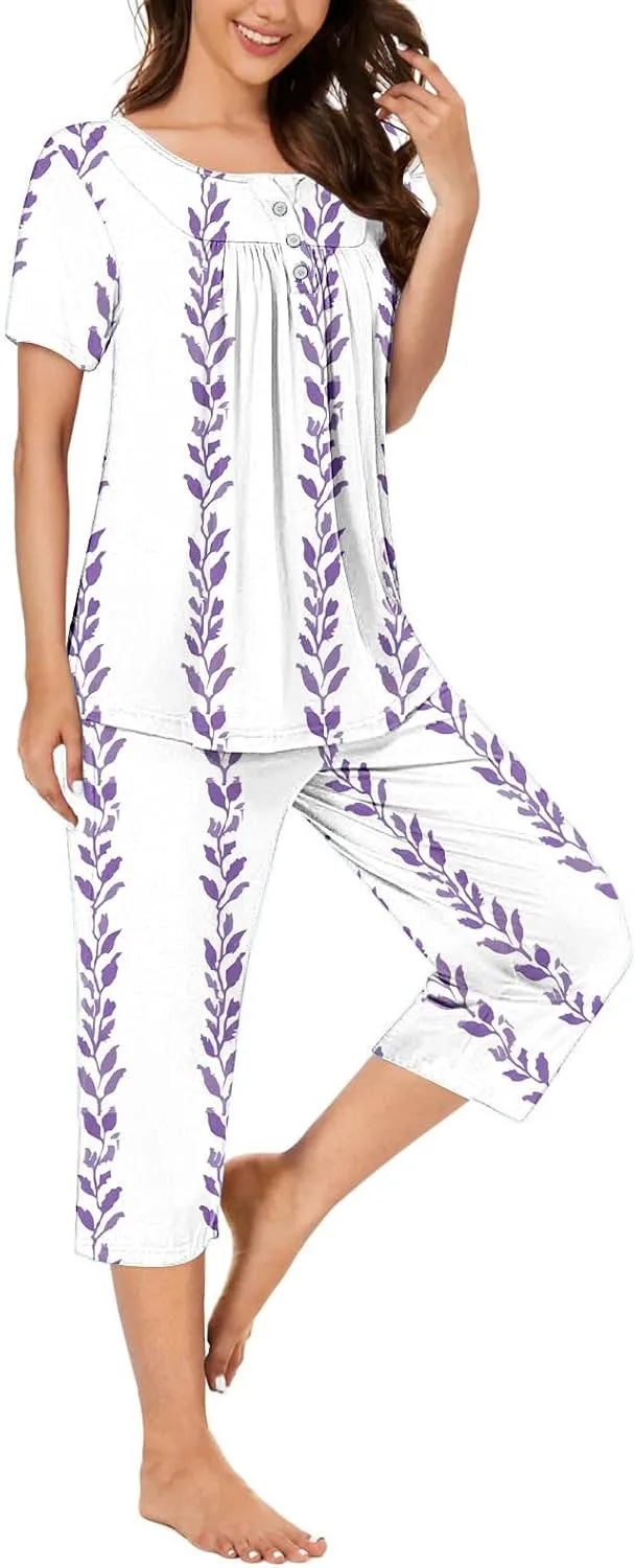 Floral Print Two Piece Pajamas Sets for Women Short Sleeve Button Crew Neck Pleated Top Straight Lounge Home Capris