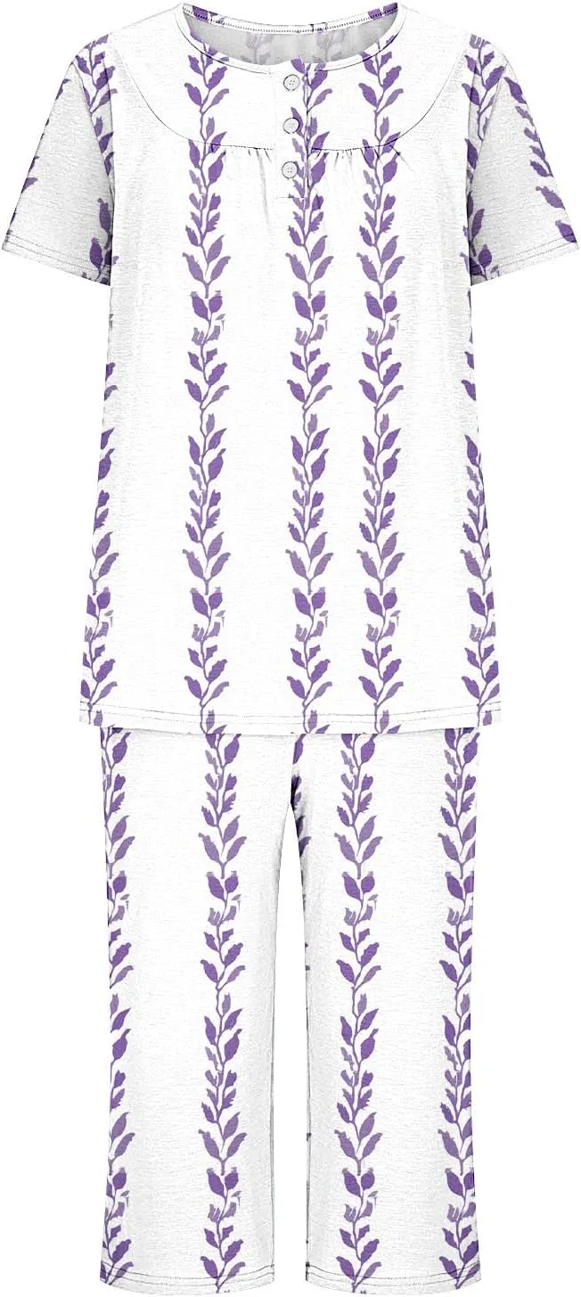 Floral Print Two Piece Pajamas Sets for Women Short Sleeve Button Crew Neck Pleated Top Straight Lounge Home Capris