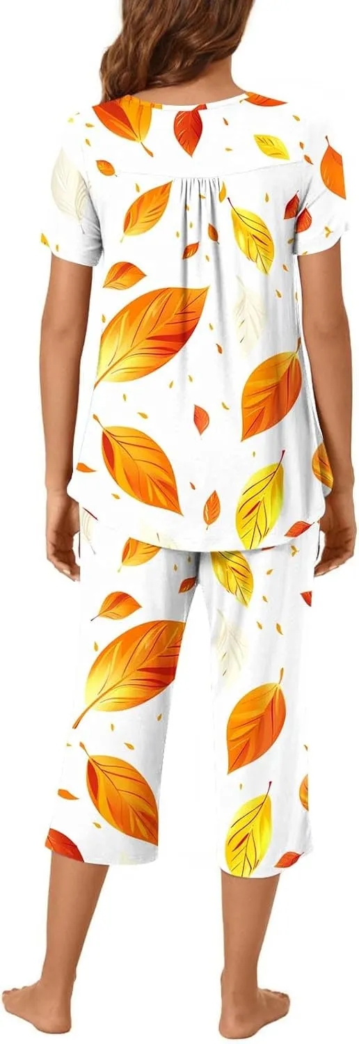 Floral Printed 2 Piece Pajamas Suits for Women Short Sleeve Crewneck Button Pleated Tops and Straight Lounge Capris