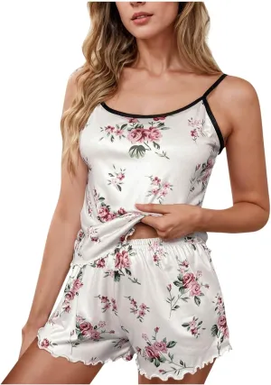 Floral Printed Camisole Pajamas Set for Women Summer Sexy Cami Tops and Shorts 2 Piece Lingerie Pjs Sleepwear