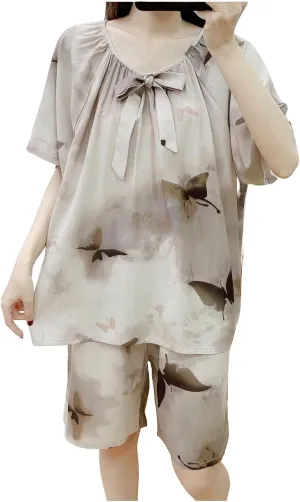 Floral Printed Loose Shorts Pajama Sets for Women Summer Short Sleeve Sleepwear Lounge Set 2 Piece Outfits
