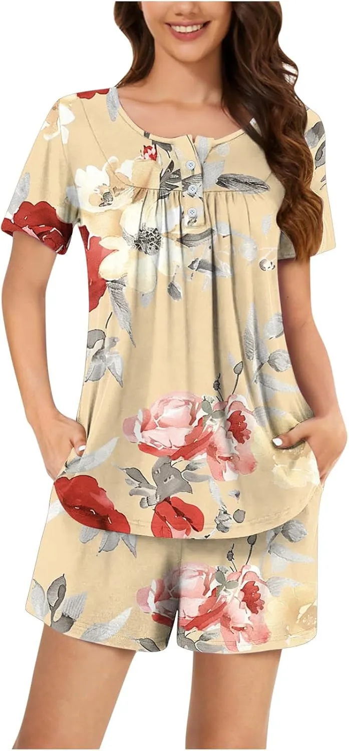 Floral Printed Two Piece Pajamas for Women Short Sleeve Crewneck Pleated Tunic Top and Cotton Soft Home Shorts Suit