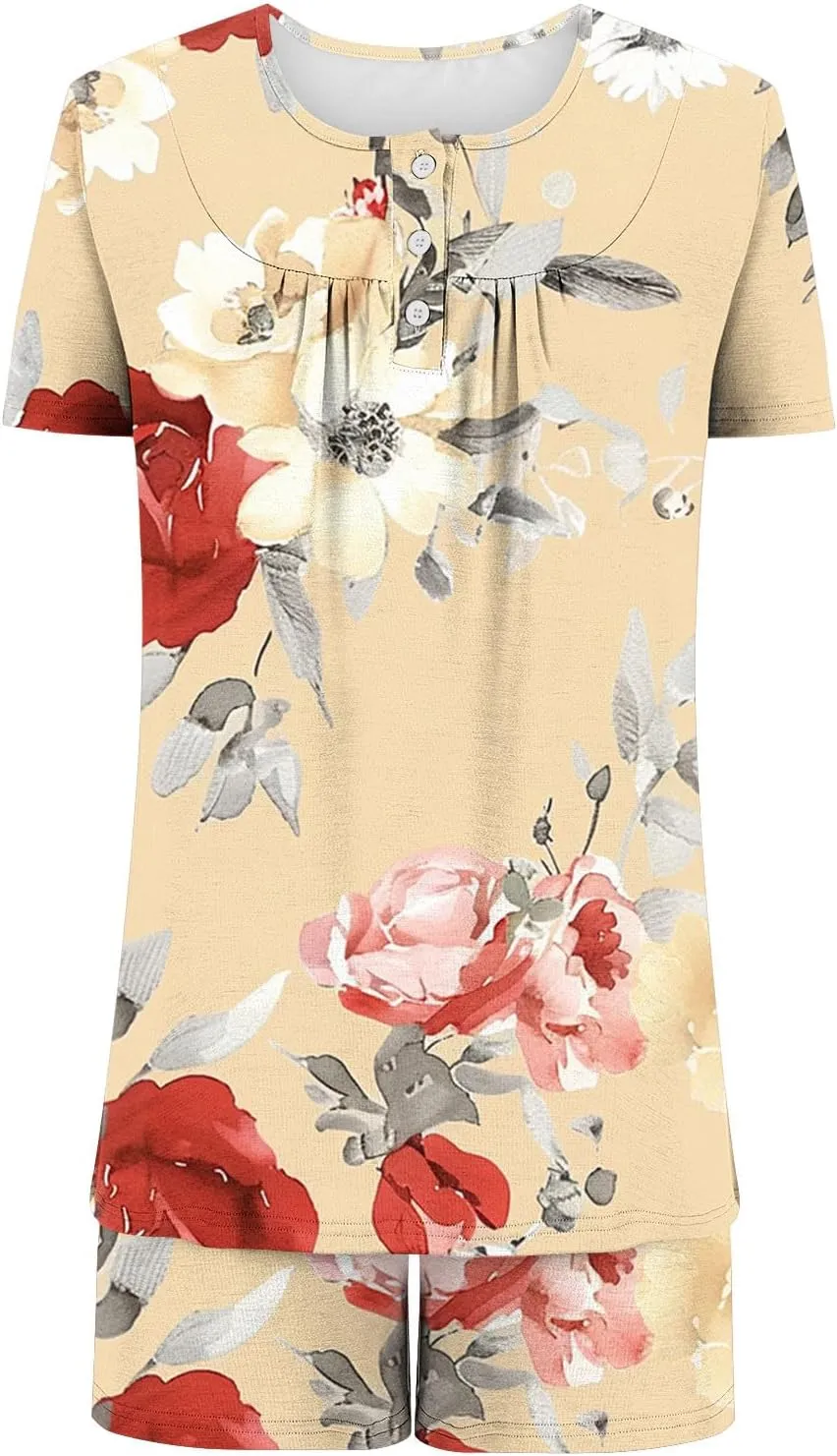 Floral Printed Two Piece Pajamas for Women Short Sleeve Crewneck Pleated Tunic Top and Cotton Soft Home Shorts Suit