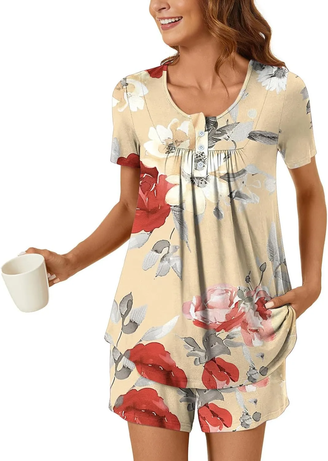 Floral Printed Two Piece Pajamas for Women Short Sleeve Crewneck Pleated Tunic Top and Cotton Soft Home Shorts Suit