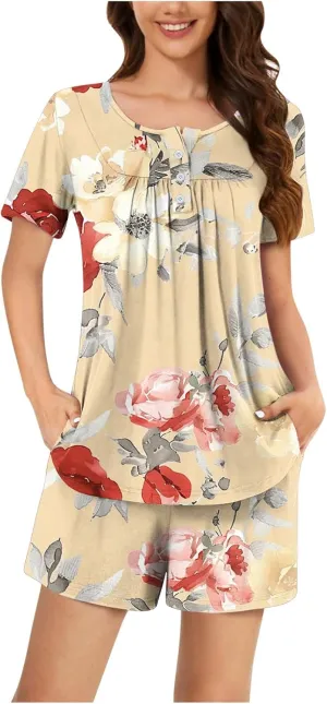 Floral Printed Two Piece Pajamas for Women Short Sleeve Crewneck Pleated Tunic Top and Cotton Soft Home Shorts Suit