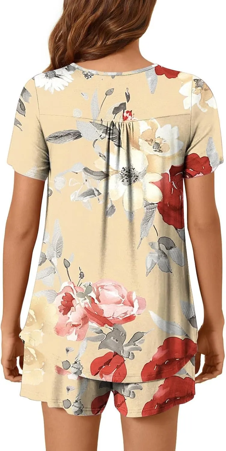 Floral Printed Two Piece Pajamas for Women Short Sleeve Crewneck Pleated Tunic Top and Cotton Soft Home Shorts Suit
