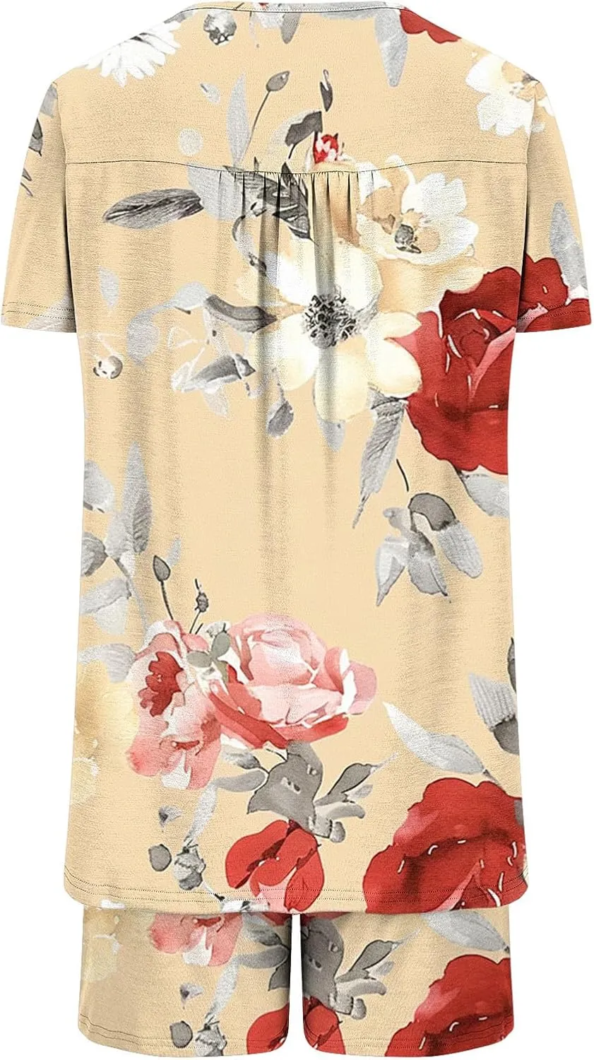Floral Printed Two Piece Pajamas for Women Short Sleeve Crewneck Pleated Tunic Top and Cotton Soft Home Shorts Suit