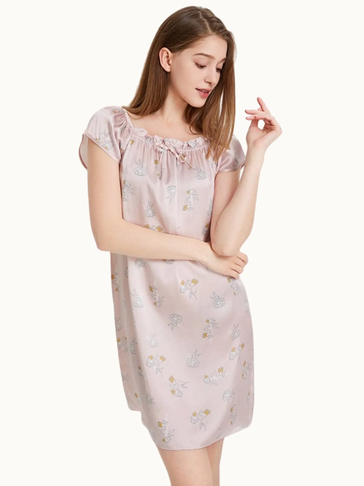 Floral Women Short Sleeve Ruffle Silk Chemise