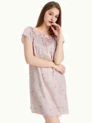 Floral Women Short Sleeve Ruffle Silk Chemise