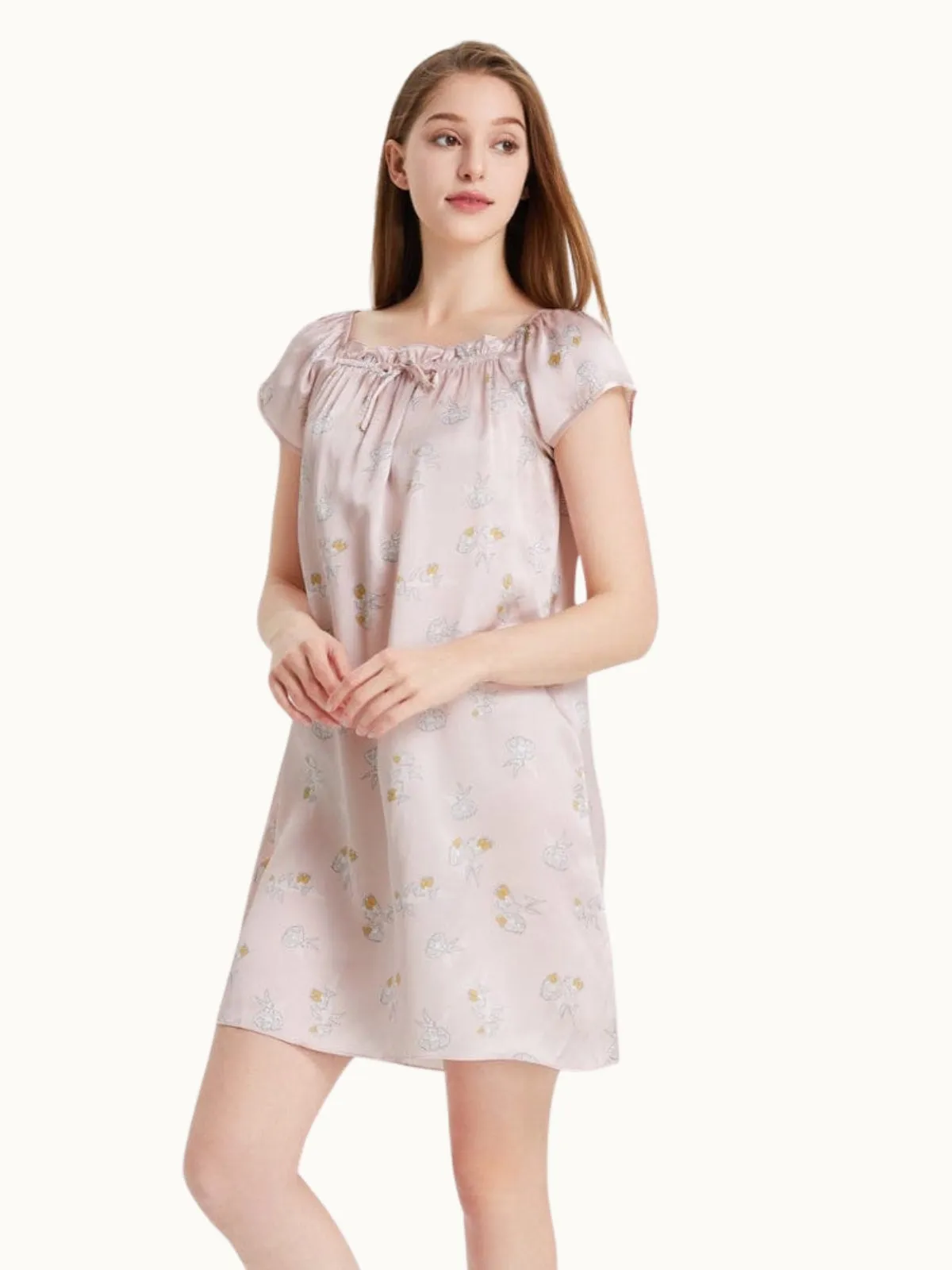Floral Women Short Sleeve Ruffle Silk Chemise
