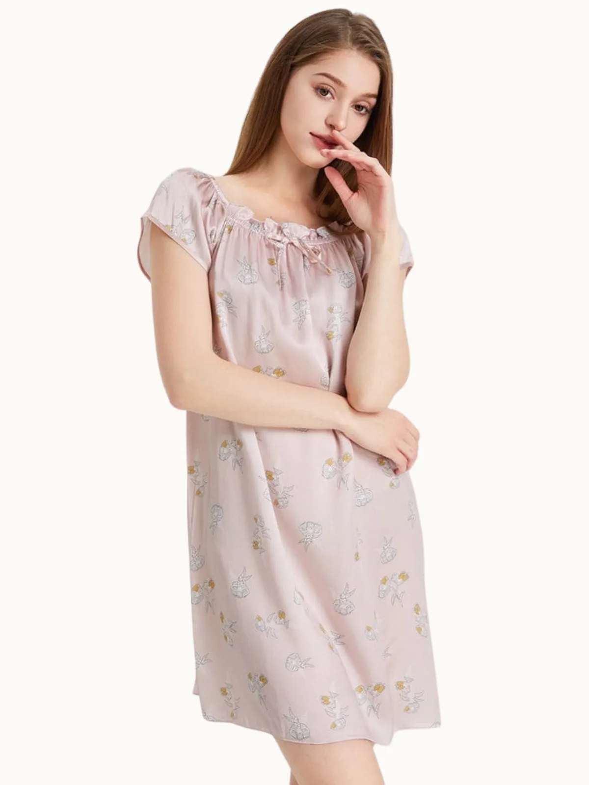Floral Women Short Sleeve Ruffle Silk Chemise