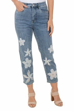 Floral Applique Denim Crop Pant Comfort Fit Cool Comfort