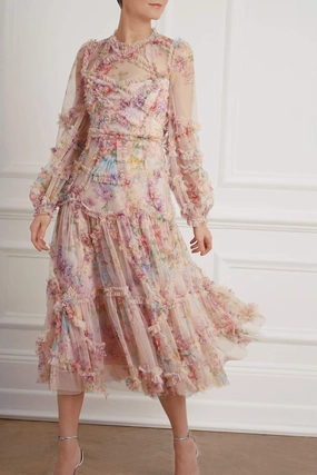 Cozy Touch Nature Bloom Floral Diamond Ruffle Ballerina Dress