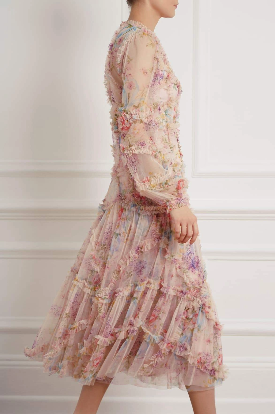 Floral Diamond Ruffle Ballerina Dress Soft Mesh