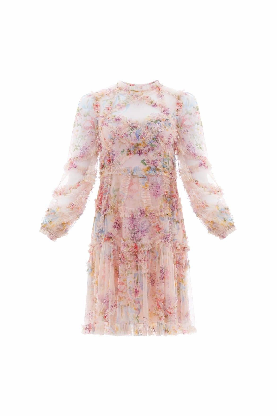 Sweet Mood Slender Look Floral Diamond Ruffle Dress