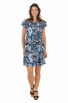 All Gender Fit Gender Inclusive Floral Ikat Flounce Sleeve Pleated Dress