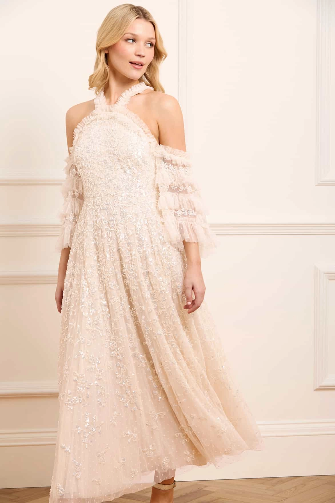 Floral Lace Off-Shoulder Ankle Gown Vibrant Tone