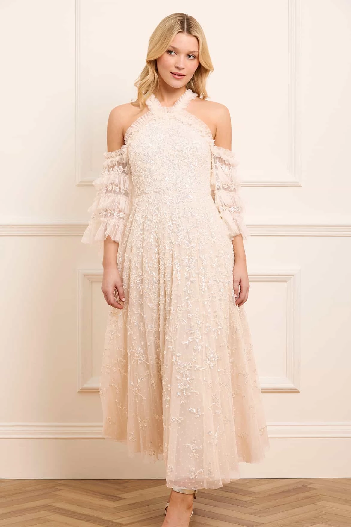 Floral Lace Off-Shoulder Ankle Gown Mesh Soft
