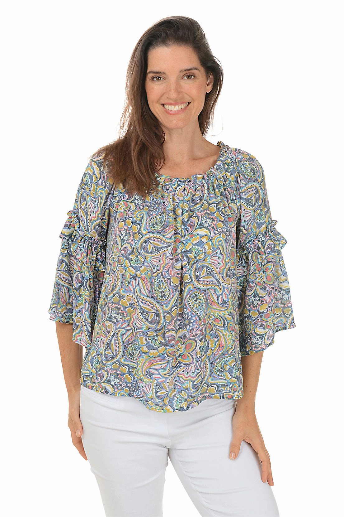 AntiPilling Technology UltraSoftInterior Floral Paisley Ruffled Bell Sleeve Blouse