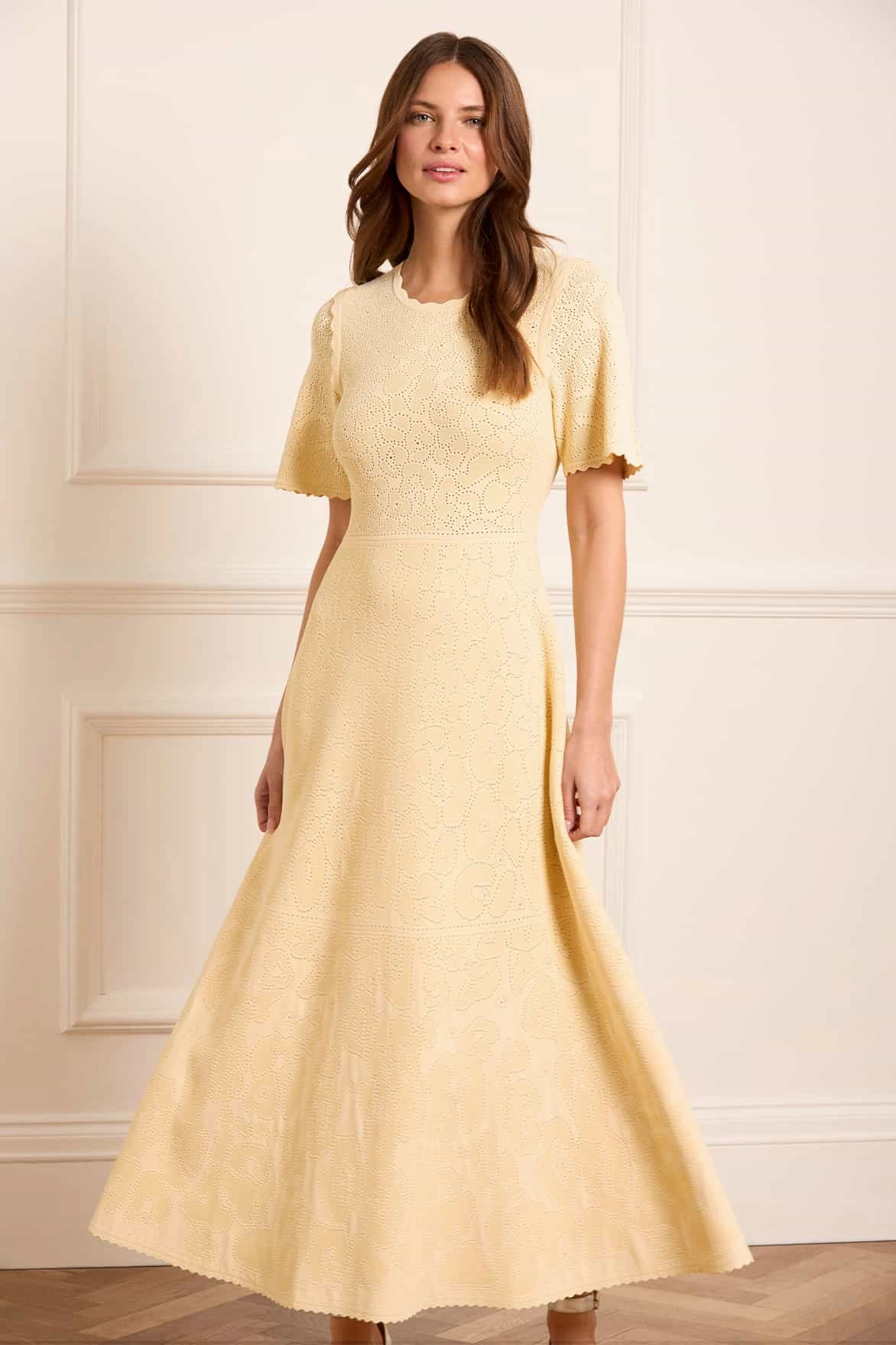Elegant Touch Sleek Silhouette Floral Pointelle Knit Gown