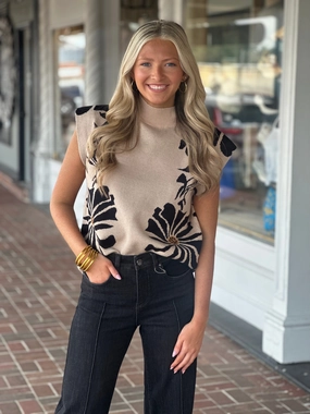 Circular Knit Technique Floral Printed Ecru Pullover Sweater